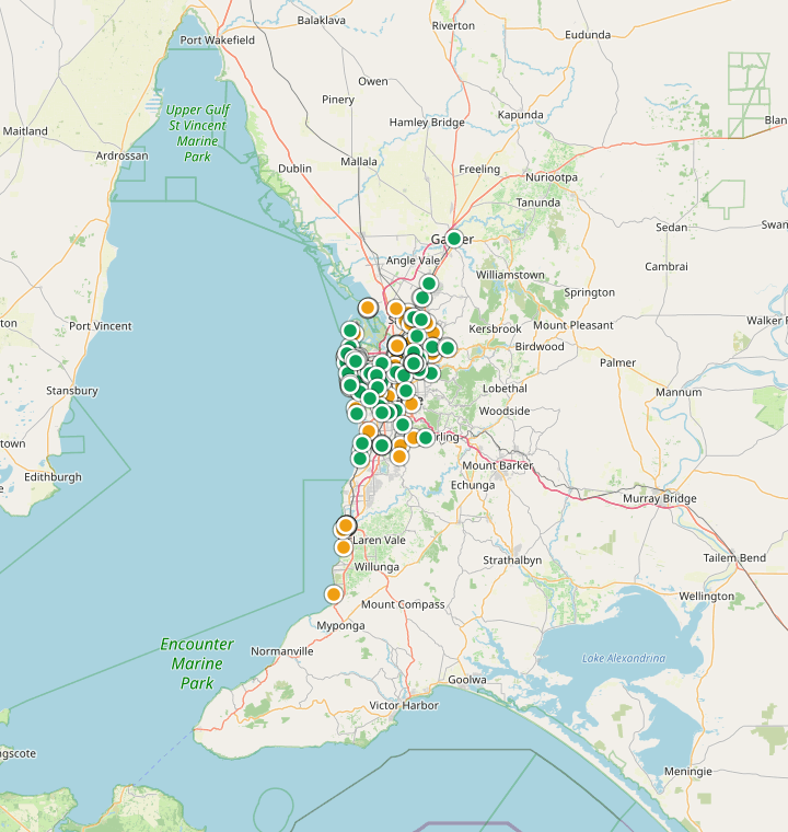 Map of Adelaide showing 481 likely free parking spots