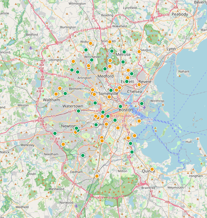 Map of Boston showing 214 likely free parking spots