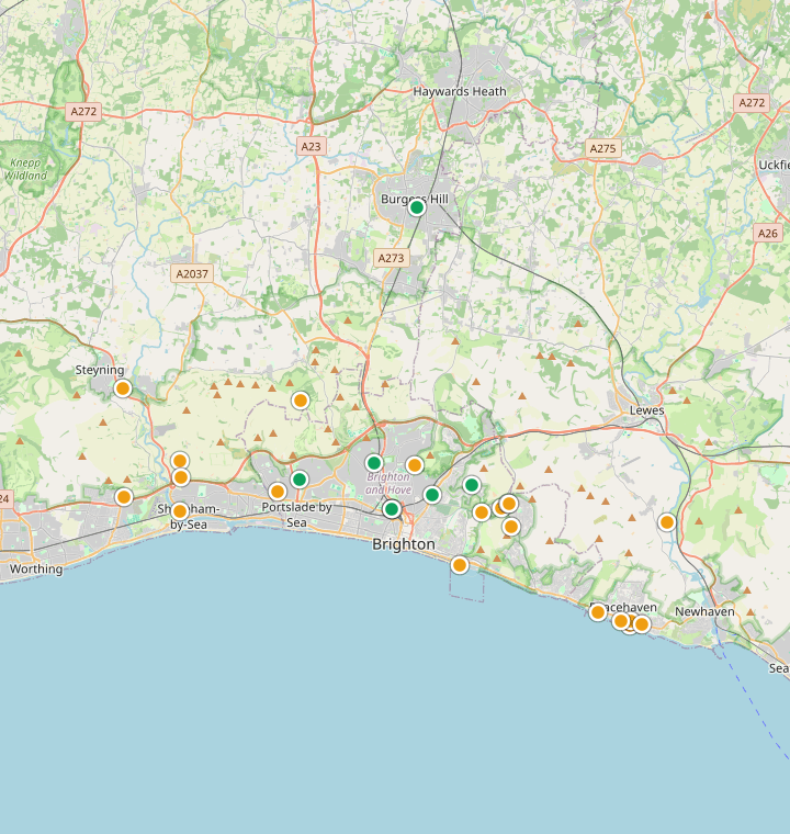 Map of Brighton showing 60 likely free parking spots
