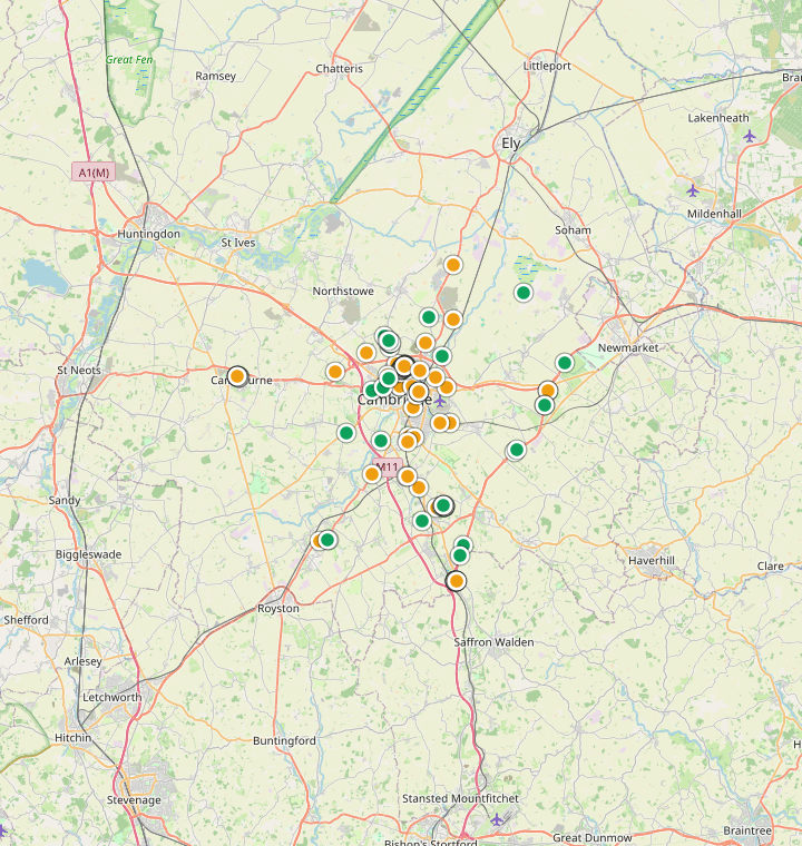 Map of Cambridge showing 211 likely free parking spots