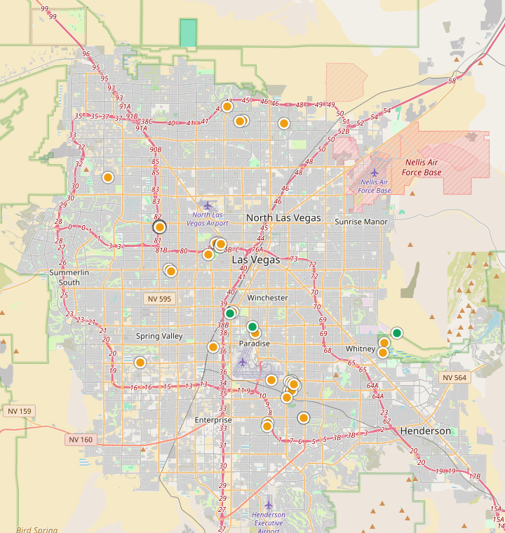 Map of Las Vegas showing 77 likely free parking spots