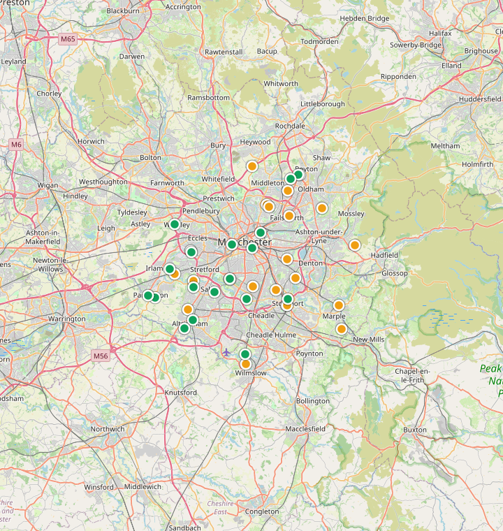 Map of Manchester showing 180 likely free parking spots