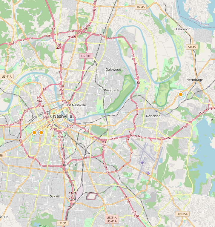 Map of Nashville showing 33 likely free parking spots