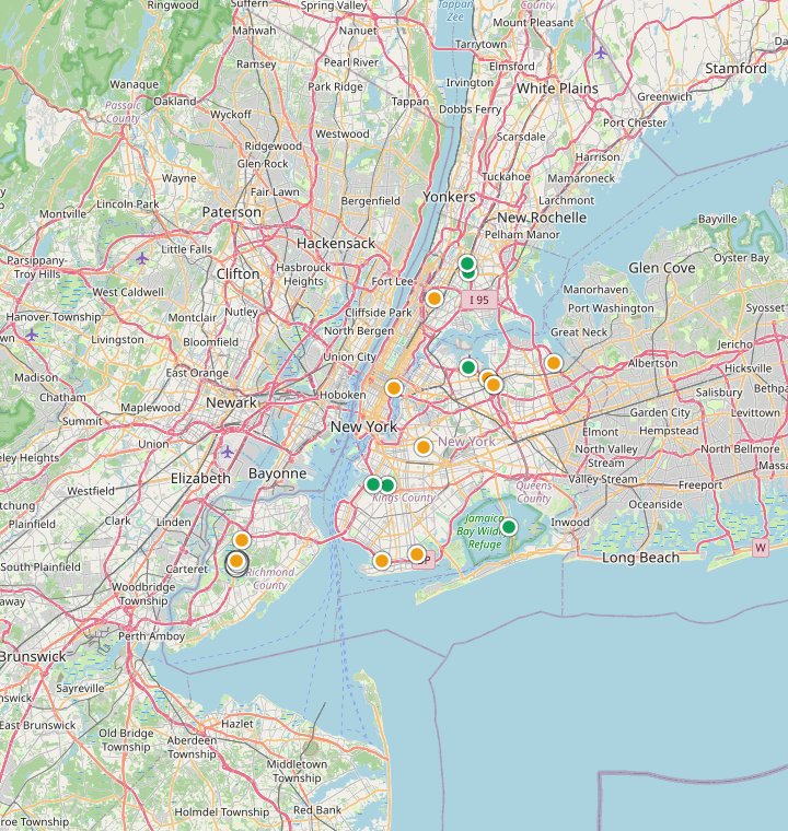Map of New York showing 75 likely free parking spots