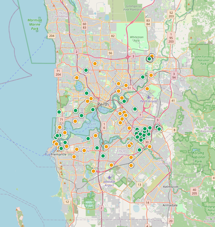 Map of Perth showing 308 likely free parking spots