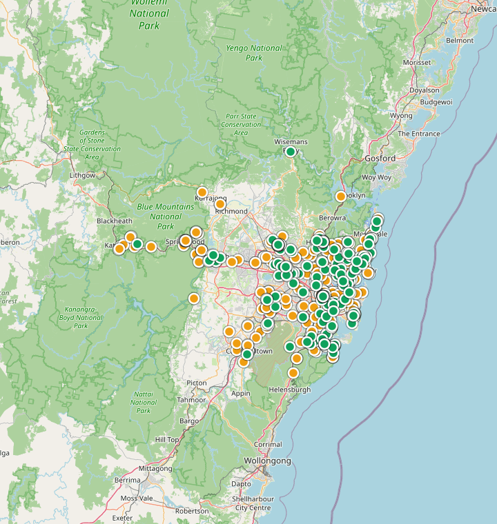 Map of Sydney showing 1,131 likely free parking spots
