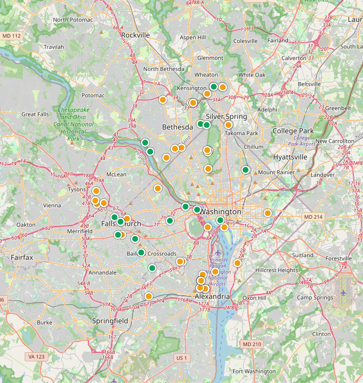 Map of Washington DC showing 306 likely free parking spots