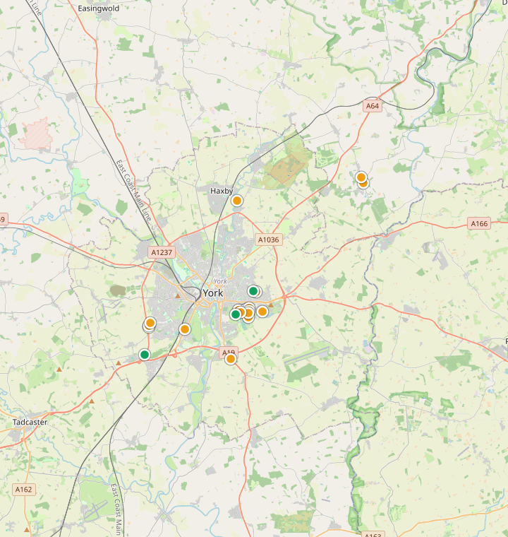 Map of York showing 104 likely free parking spots