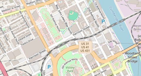 Map of a likely free parking spot near Harrison Street, Downtown Nashville, Nashville