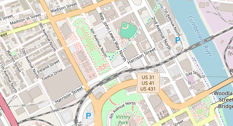 Map of a likely free parking spot near Cumberland River Greenway, Downtown Nashville, Nashville