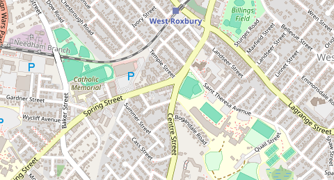 Map of a likely free parking spot near Spring Street, West Roxbury, Boston