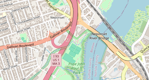 Map of a likely free parking spot near Neponset River Greenway, Dorchester, Boston