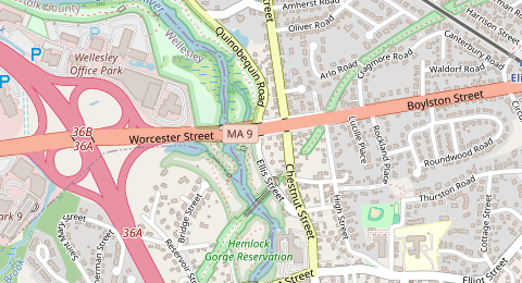Map of a likely free parking spot near Boylston-Chestnut Streets Service Road, Boston