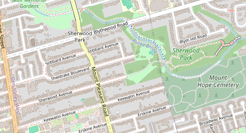 Map of a likely free parking spot near Sheldrake Boulevard, Don Valley West, Toronto