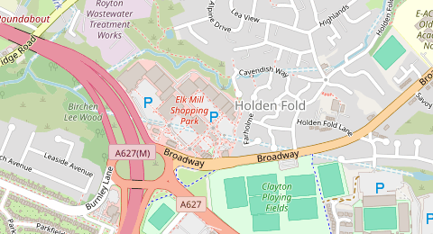 Map of a likely free parking spot near Elk Mill Centre Retail Park, Holden Fold, Manchester