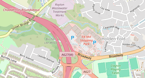 Map of a likely free parking spot near Elk Mill Centre Retail Park, Holden Fold, Manchester