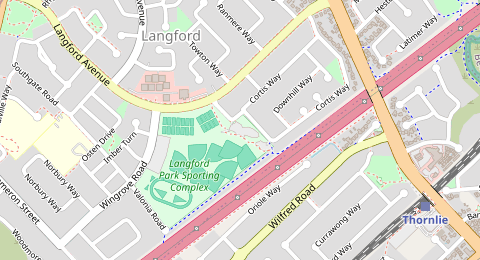 Map of a likely free parking spot near Cortis Way, Langford, Perth